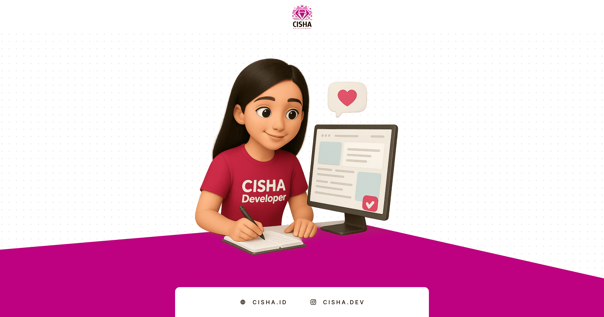 Maskot CISHA Developer menjelaskan tentang Storytelling di Website: Cara Membangun Identitas Bisnis yang Autentik